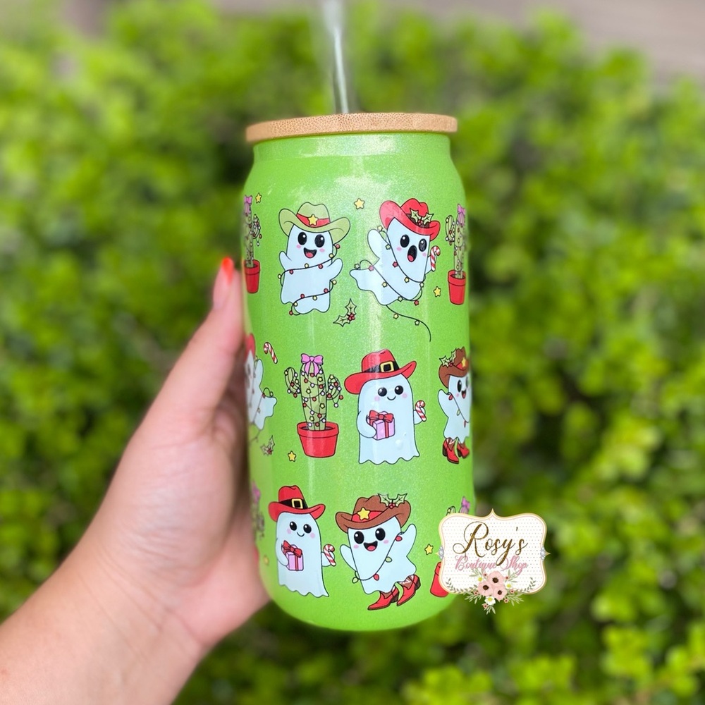 Christmas cowboy ghost Christmas 16oz Glass Cup